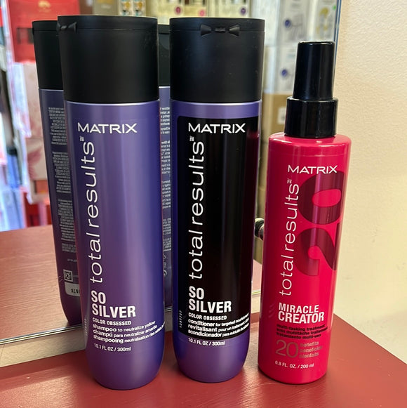 Matrix Total Results So Silver shampoo conditioner plus Miracle creator spray trio